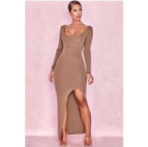 House of Cb Dress chocolate nude bodycon long sleeve midi open Slit